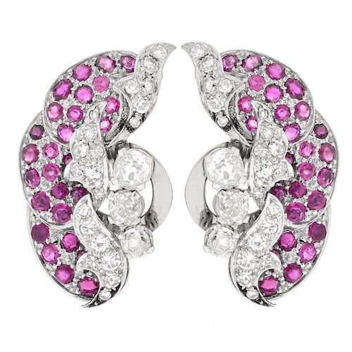 Antique Ruby, Diamond and Platinum Ear Clips