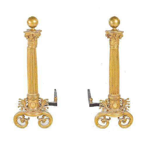 Pair of Classical Revival brass andirons