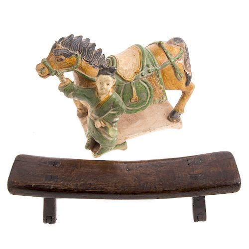 Chinese figural roof tile and wood neck rest