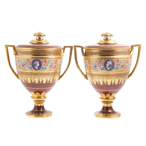 Pair Vienna porcelain covered urns