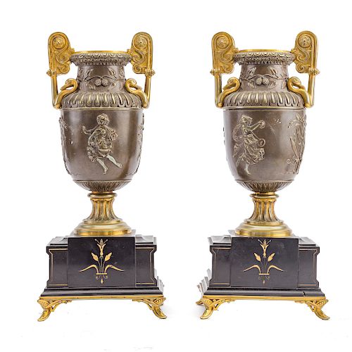 Pair French bronze and marble garniture vases