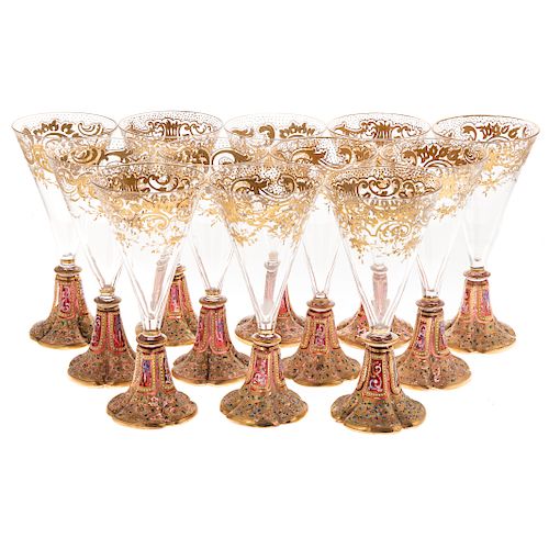 12 Continental gilt and enamel champagne flutes