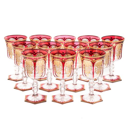 12 Bohemian ruby cut to clear glass water goblets