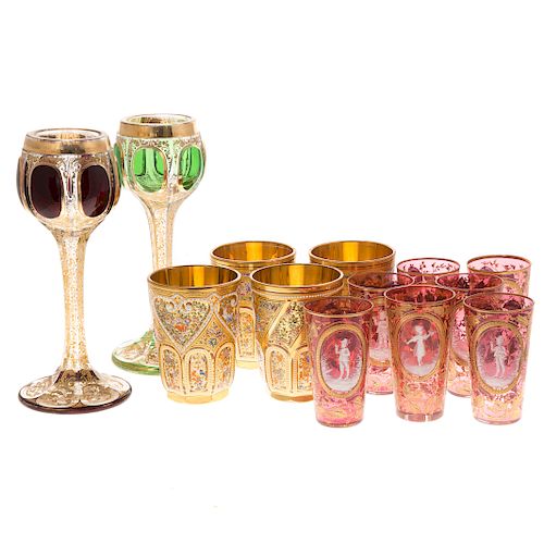 13 pieces German enameled and gilt glassware