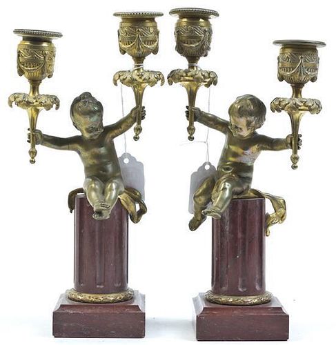 A Pair of Bronze Two-Light Candelabra, Height 9 1/4 inches.
