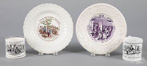 Four Poor Richard transfer mugs and plates