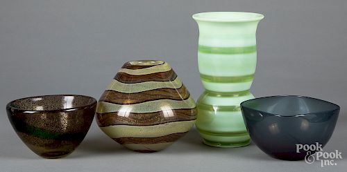 Four modernistic glass vases and bowls