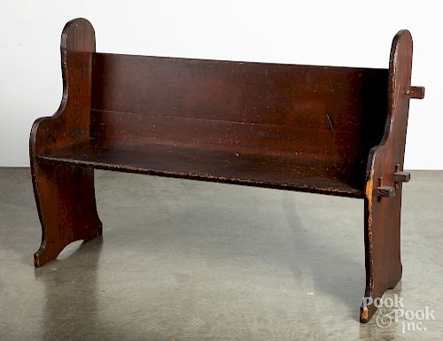 Stained pine church bench, 19th c., 38" h., 54" w