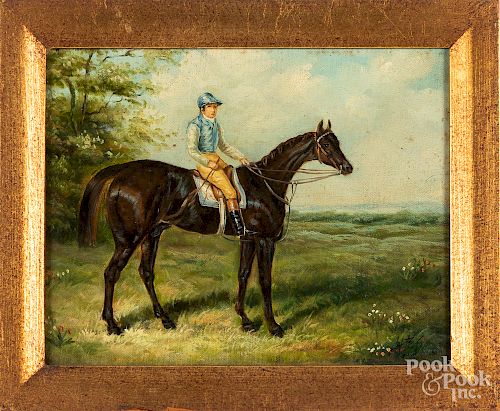 Contemporary oil on canvas horse and jockey