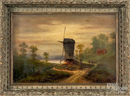 Continental oil on canvas landscape with windmill