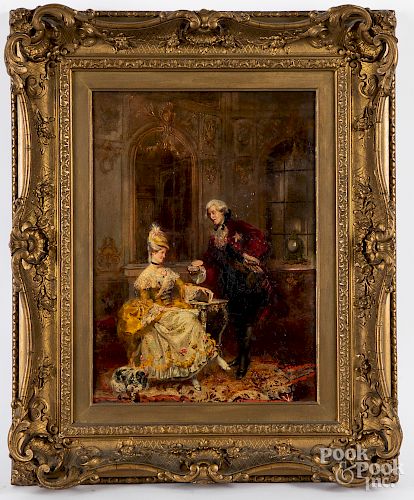 French oil on canvas interior courting scene