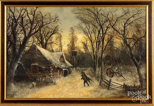 Oil on canvas winter landscape, 19th c., 20" x 30