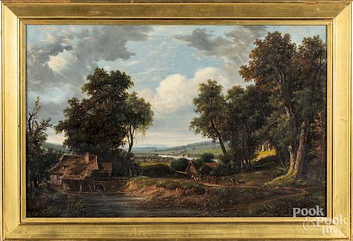 English oil on canvas landscape with figures