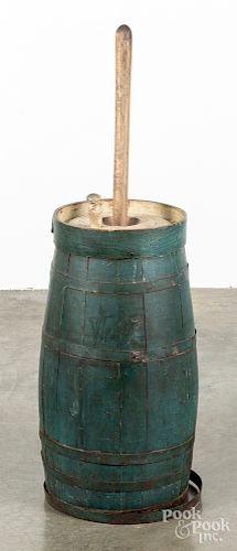 Blue painted butter churn, 19th c., 36" h.