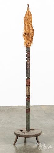 Carved and painted wig stand, 19th c., 52" h.