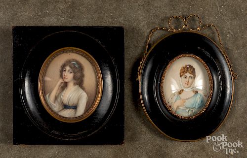 Two miniature watercolor female portraits