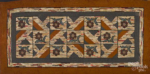 Geometric and floral shirred hooked rug, etc.