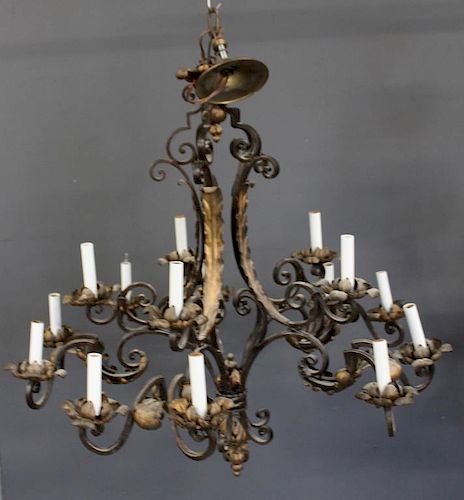 Patinated Iron and Gilt Decorated Chandelier.