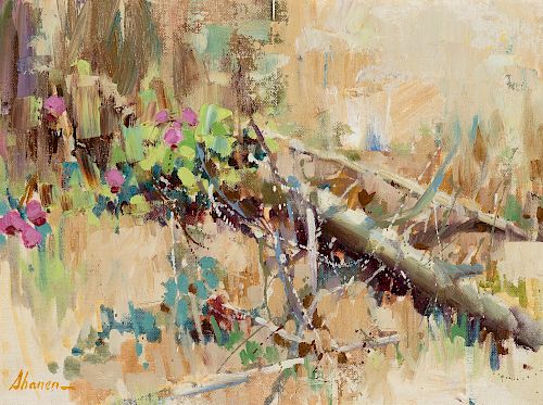 William E Sharer (b. 1934), Untitled (Fallen Tree with Flowers)
