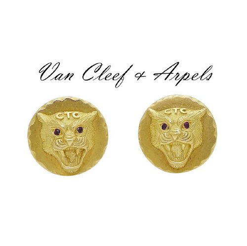 Van Cleef & Arpels 18k  Tiger Face Ruby Eyes Cufflinks