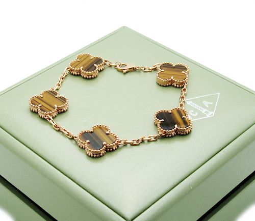 Van Cleef & Arpels 18k Rose Gold Tiger Eye Alhambra Bracelet