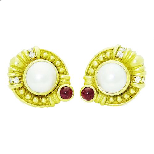 Judith Ripka 18k Diamond Ruby & Pearl Clip Earrings