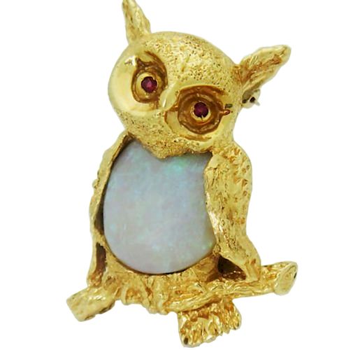 Estate 14k Gold Opal Owl with Ruby Eyes Brooch Pin