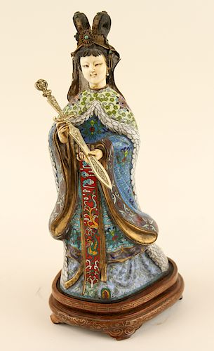 CHINESE CLOISONNE FIGURE OF WOMAN ON WOOD STAND