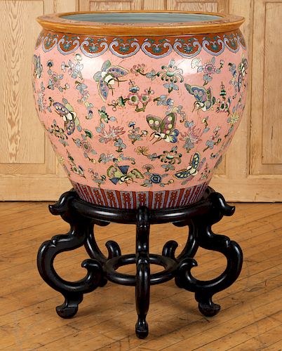 CHINESE PORCELAIN FISH BOWL ON STAND