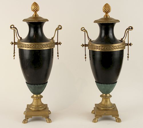 PAIR EMPIRE STYLE COVERED URNS LION PAW FEET