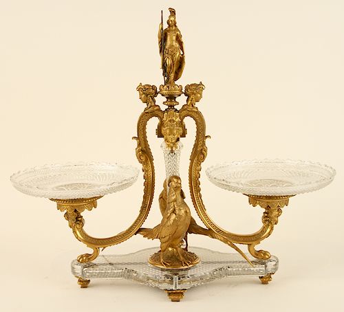LATE 19TH C. FRENCH DORE BRONZE & CRYSTAL EPERGNE