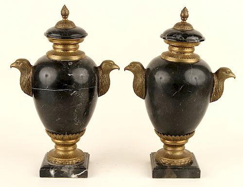 PAIR NEOCLASSICAL STYLE BLACK MARBLE URNS