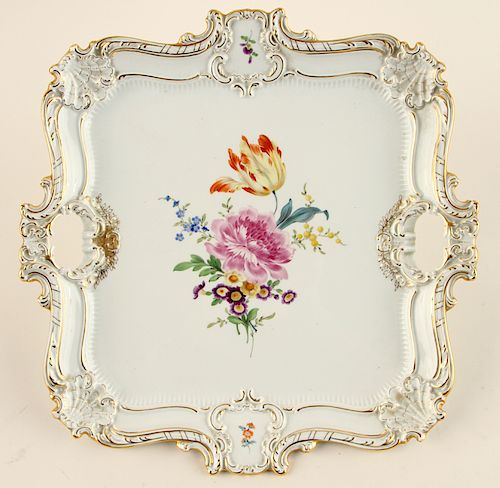 MEISSEN PORCELAIN HANDLED TRAY HAND PAINTED MOTIF