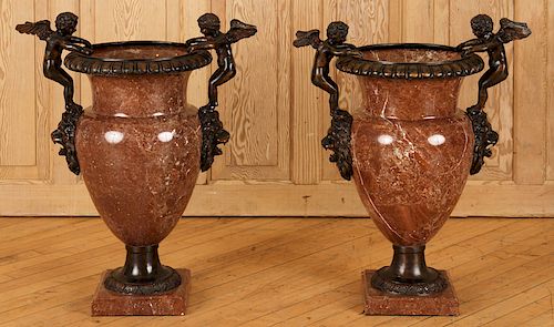 PAIR FRENCH STYLE MARBLE AND BRONZE URNS