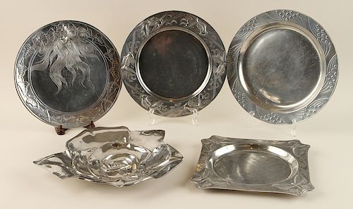 COLLECTION OF FIVE PEWTER TRAYS