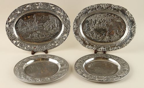FOUR ARTHUR COURT PEWTER TRAYS SOME MARKED