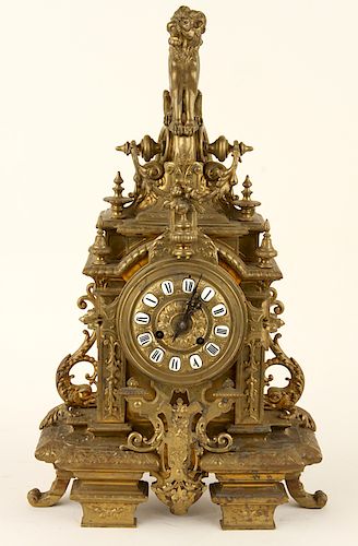 LATE 19TH C. BRASS MANTLE CLOCK WITH LION FIGURE