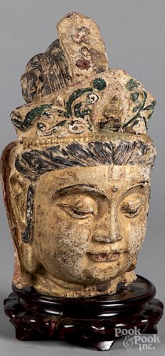 Chinese painted cast iron Buddha head, 15" h.