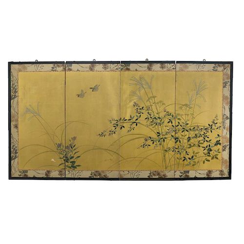 A JAPANESE SCREEN WITH SPARROWS AND FLOWERS, JAPAN, EARLY 20TH CENTURY. 