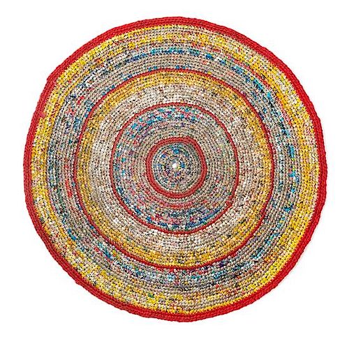 A Mexican Woven Blanket and an Edna Moeller Woven Plastic Floor Mat Diameter of cover approximately 30 inches.