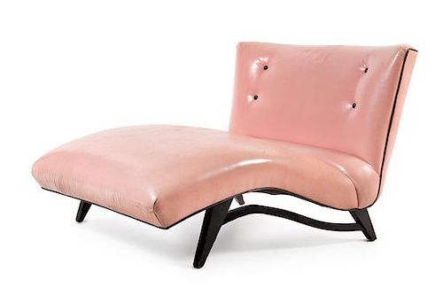 A Pink Vinyl Upholstered Chaise Longue Height 33 x width 37 inches.