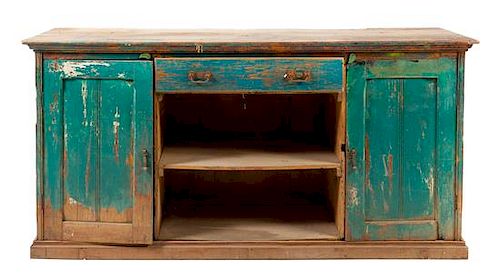 A Rustic Green-Painted Cabinet Height 39 x width 80 x depth 22 inches.