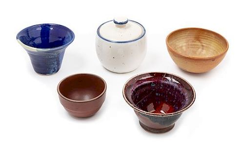 Five Ceramic Bowls with Decorative Glazes Diameter of largest 5 inches.