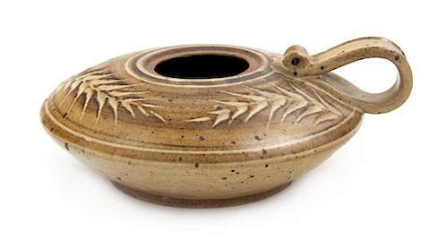 A Glazed Ceramic Handled Vessel Width 8 1/2 inches.