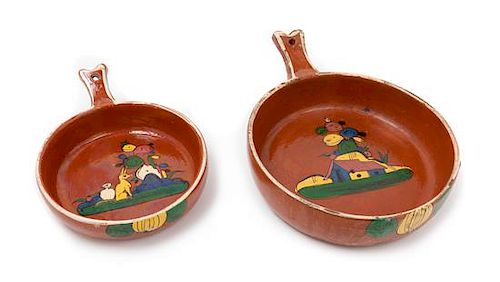 Two Mexican Slip-Decorated Casseroles, Tonala or Tlaquepaque, circa 1960s Width of larger 13 inches.