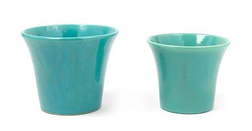 Two Turquoise Glazed Ceramic Vessels Height of first 6 3/4 inches.