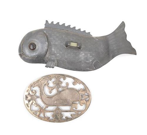 A Pewter "Fish" Plaque and a Pewter "Whale" Trivet Width of plaque 19 inches.