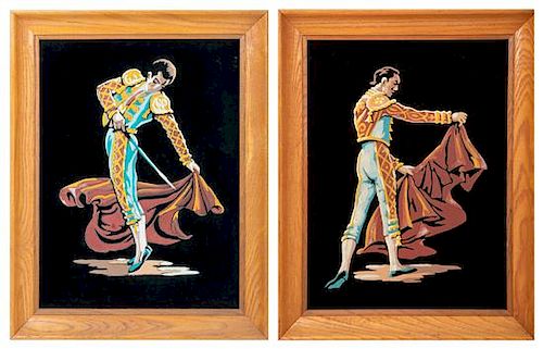 A Pair of Velvet Paintings Depicting Bullfighters Height overall 19 x width 15 1/2 inches.