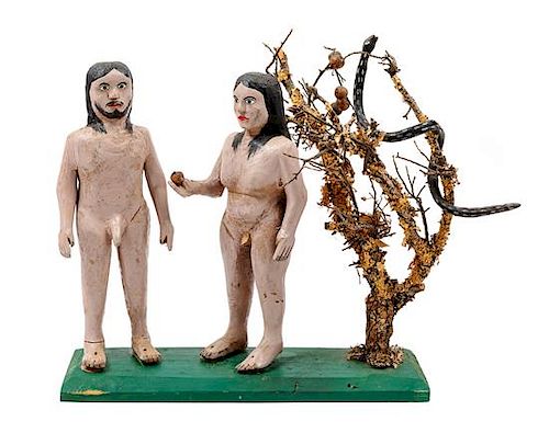 A Painted Wood "Adam and Eve" Sculpture, Inscribed Ildefonso Quinoz Height of Adam 13 inches.