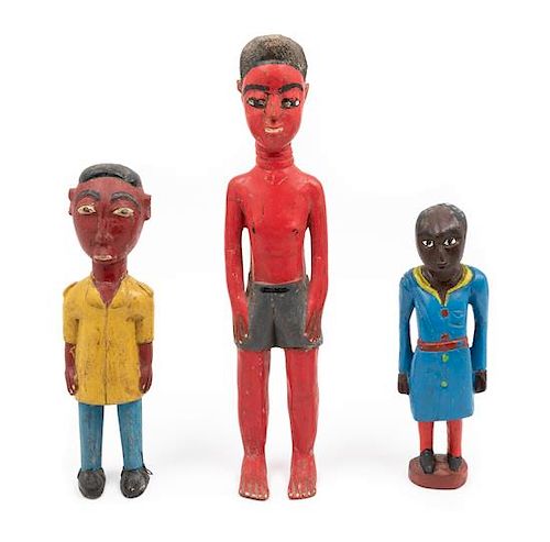 Three Painted Wood Figures Height of tallest 16 1/2 inches.